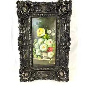 Vintage Black Gold Ornate Frame Oil Painting Still Life Flowers Rococo Style 3D